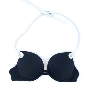 Victoria's Secret Black Bikini Top 34B Padded Halter Tie Contrasting Trim